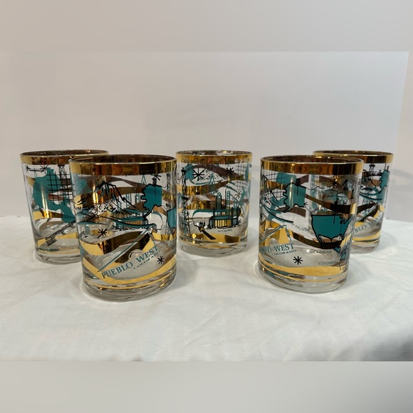 Rare Set of 5 MCM Norma Jean Wright 24k Gold & Turquoise Oil & Gas Bar Glasses - Picture 2 of 15